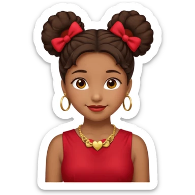 Brownskin girl dark brown hair fluffy.Two buns with red bows brown eyes smiling closed mouth red shift gold necklace sticker