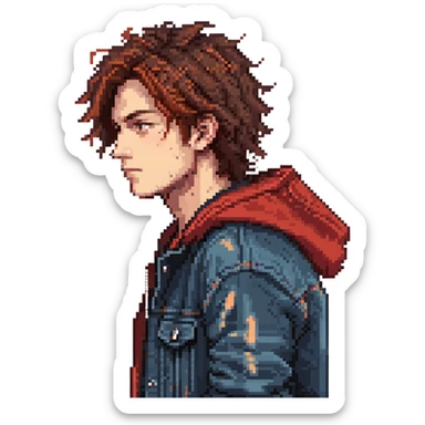 Pixel art character, young man with dark jacket, red hoodie, brown messy hair, jeans, scar on left eyebrow, confident face, retro arcade sprite style, side view sticker