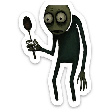 Salad Fingers character, holding a rusty spoon, creepy atmosphere, muted colors sticker