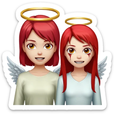 девушка ангел с нимбом и крыльями, с рыжими прямыми волосами по плечи, с улыбкой, стоит рядом с девушка зомби с темными длинными прямыми золосами, со злым выражением лица и ровными белыми зубами в стиле Apple avatar sticker