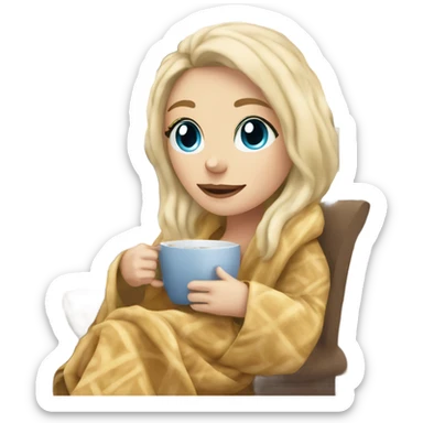 Blonde hair blue eyed white girl covered in blanket sitting on a cozy chair holding coffee sitting next to a snowy window sticker
