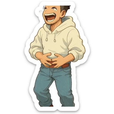 1 male, mid fade haircut dark chestnut brown curly hair, toasted lightskin, white hoodie sleeves up, fashion jeans, red fashion-sneakers shoes, red belt, short trimmed beard and goatee,  style of deku from "my hero academia", laaughing to the point of tears sticker