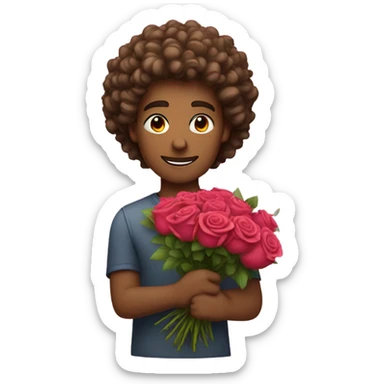  male with curly hair carrying a bouquet of roses sticker