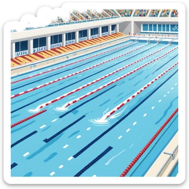 An icon featuring an Olympic swimming pool with multiple lanes and swimmers racing side by side. Splashes and lane dividers highlight the competition atmosphere. Transparent background emphasizes the energy, speed, and intensity of professional swimming events. sticker