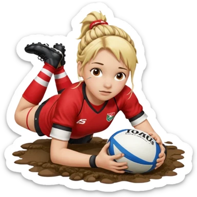 Emoji estilo iPhone de Chica de pelo rubio tirada en el suelo boca abajo agarrando un balón DE RUGBY con las manos vestida con una equipación de color rojo y blanco con líneas, manchada de barro y con unas botas de tacos de fútbol y el pelo con trenzas, se la tienen que ver las 2 piernas  sticker