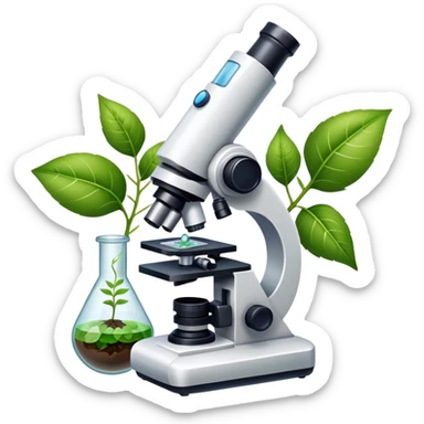 An icon featuring a microscope, a DNA strand, and plant leaves, symbolizing biology. The design includes cells, a test tube with a plant sample, representing life sciences, ecosystems, and the study of organisms. Transparent background highlights the exploration of living systems. sticker