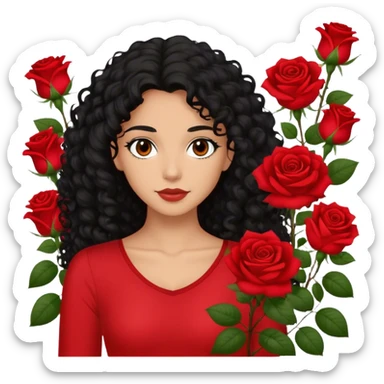 Brown eyes black curly long hair red roses backdrop ted top  sticker