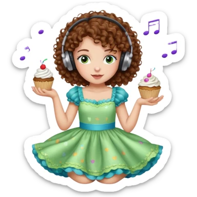 Brown curly hair girl blue green eyes painting sleeping eating dancing listening to misic sticker