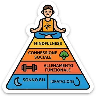 Piramide della salute in stile infografica moderna con livelli ben definiti, icone chiare, testi in italiano. Base Sonno 8h e Idratazione, centro Cibi integrali e Allenamento funzionale, cima Mindfulness e Connessione sociale. Figura meditativa in cima, corpo con elementi grafici per neurotrasmettitori e flora intestinale sana. sticker