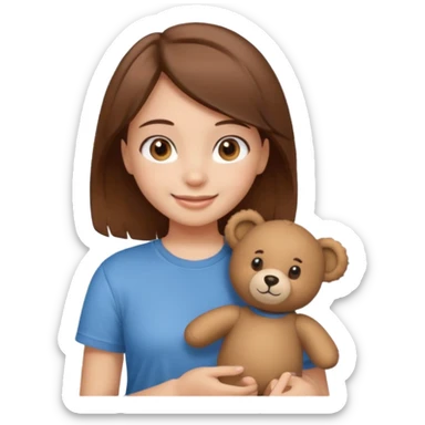 A Girl with Brown hair and Brown eyes with a t-shirt of a Teddy bear sticker