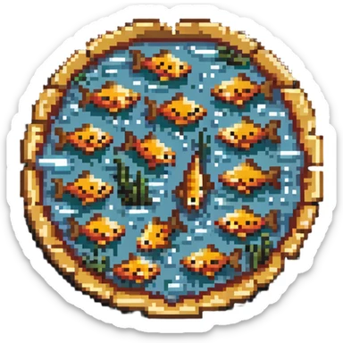 Fish pizza with fish toppings on a pizza crust, 8-bit style sticker