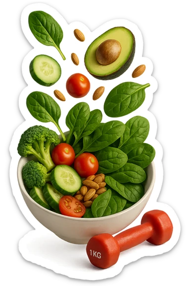 bowl bianca con cibo sano che cade dall'alto insieme a piccoli manubri da palestra in 3d, iperrealistica 4k sticker