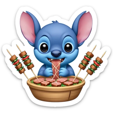 Stitch eating meat chopped on skewers sticker