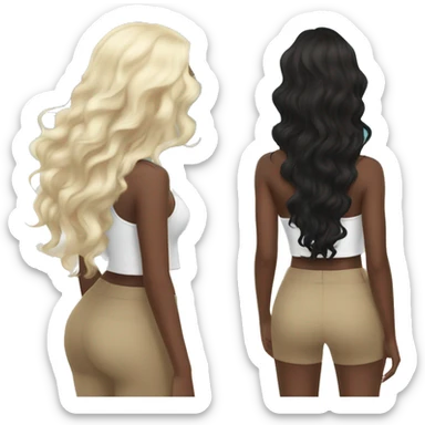 the back side of a brown women, with black hair, a white crop top, wavy long hair, beach sticker