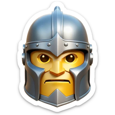 Clash of Clans aesthetic: Cinematic heroic Steel full face Helm Emoji, rendered in a 3D vector-style similar to standard emojis with minimal shading and bold, simplified shapes. A compact, isometric helmet crafted of shining steel with intricate engravings and a protective visor, softly glowing with a noble warrior charm. Simplified yet unmistakably iconic, highly detailed and consistent, glowing with a soft radiant gleam and high polish. Stylized with a touch of chivalric tradition and a soft glowing outline, capturing the essence of a stalwart battle helm with a friendly, playful manner! sticker