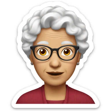 White Grandma emoji, wearing cat-eye shaped rim glasses and red wavy hair sticker