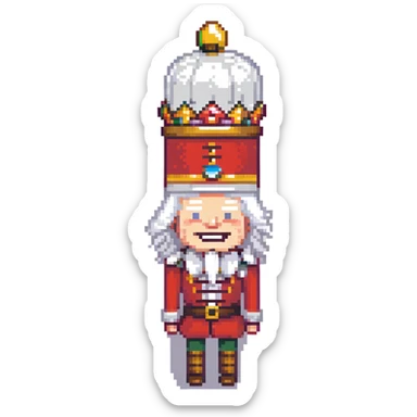 profile picture of a nutcracker toy, minimalist human, retro game style, white hair, visible teeth, classic nutcracker hat sticker