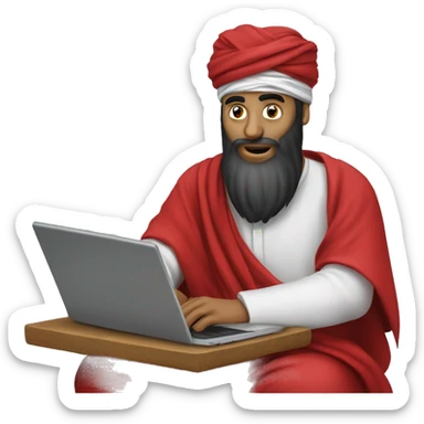 A caliph with turban and red clothes writing in a laptop sticker