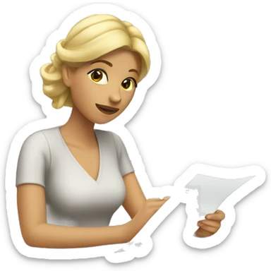 a blonde woman writing a note on her office
 sticker