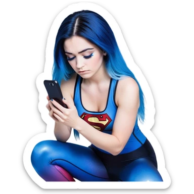 Disapponted-big tears-head back texting on phone-very very large upper body-sexy face-bending forward at waist-very long very straight dark blue to light blue ombre hair-and-blue eyes-thick black eyeliner-long eyelashes-iridescent blue lowcut tanktop with black leggings with glitter superman logo sticker