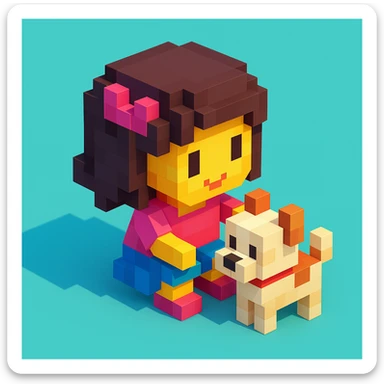 create a voxel style 3d image girl and  her dog, colored background sticker