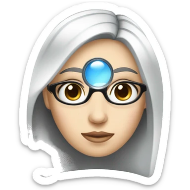 white girl with black hair and blue eyes holding a magnifying glasss sticker