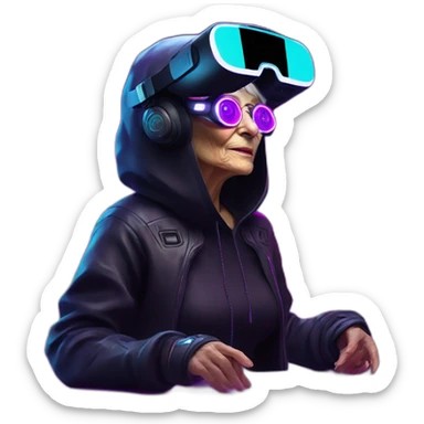 Russian old woman wearing a black hoodie with "OMG" letters on it and VR headset in a cyberpunk VR environment with violet neon lighting. sticker