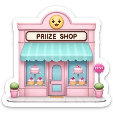 pastel pink cake bakery exterior view with a sign above the door that says 'Prize Shop', simple and cute, emoji style sticker