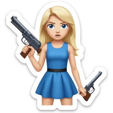 Beautiful  blue eye blonde Long Hair Gangsta girl in a short sexy  Dress Looks angry  with a big gun sticker