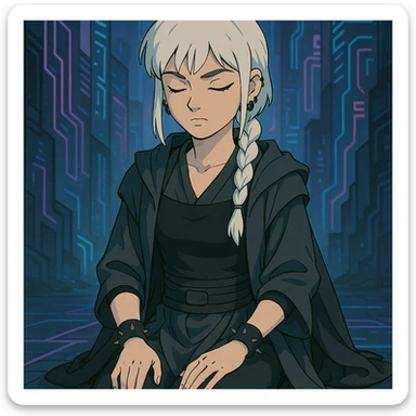  a closeup portrait of young woman with gold yellow eyes, white hair, long braid, black off-shoulder top, punk gothic style, futuristic cyberwave cyberpunk,  jedi attire, kneeling and gathering chi, jedi meditate, eyes closed hands at full rest sticker