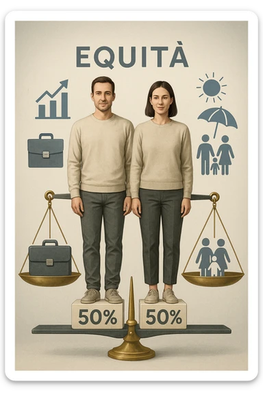 Uomo e donna in piedi l’uno accanto all’altra, al centro di una bilancia perfettamente in equilibrio. Entrambi vestiti in modo simile (moderno e neutro), con espressioni serene e rispettose. Sotto i loro piedi, due blocchi con scritto '50%' ciascuno. Sullo sfondo, elementi divisi simmetricamente: lavoro, famiglia, tempo libero, rappresentati equamente da entrambi. Atmosfera armoniosa, illuminazione equilibrata, colori neutri e simbolici (bianco, grigio, blu e oro). Stile realistico con accento simbolico sul concetto di equità in italiano sticker