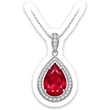 teardrop ruby pendant with silver chain and white stones, glowing with passion and renewal sticker