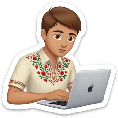 A Ukrainian guy with brown hair in an embroidered shirt works at his laptop sticker