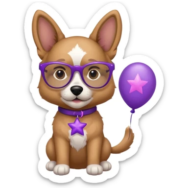 dog holding purple star balloon in hand with black glasses close view  sticker