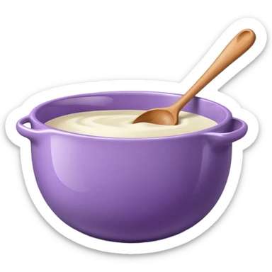 a lilac ceramic mixing bowl with a wooden spoon stirring sticker