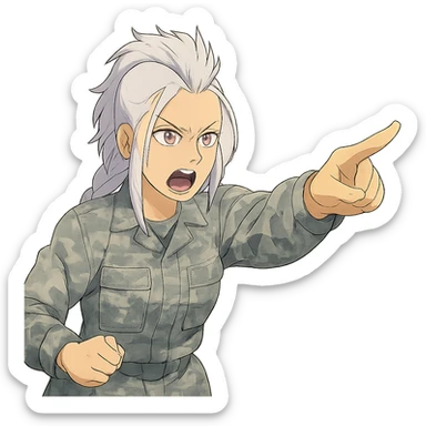 Style of Anime, 1 female, gold yellow eyes, white hair lavender tips, locks in front, mohawk, long white braid, she is a drill sergeant at work, focused facial expression, shouting command, eyes looking down in front of her, pointing a blade hand gesture to the forward direction, uniform of gray large scale digital camo sticker