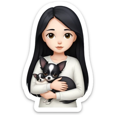 A girl with fair skin, long black hair, and white clothes, gently and tightly hugs a black Chihuahua sticker