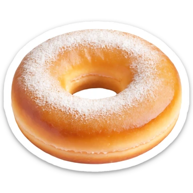 a single classic Berliner doughnut, round, golden-brown, no hole, dusted with powdered sugar, with a hint of jam filling visible sticker