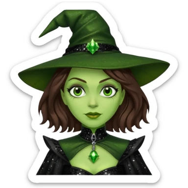 The Wicked Witch from Oz with green skin, brown hair, black sequin outfit sticker
