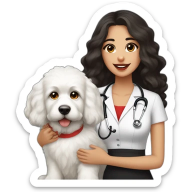 young moroccan woman with dark brown eyes, dark long curling hair, red lips, a black dress, a stethoscope and a white cotton of tulear dog on her laps and chips in her hand sticker