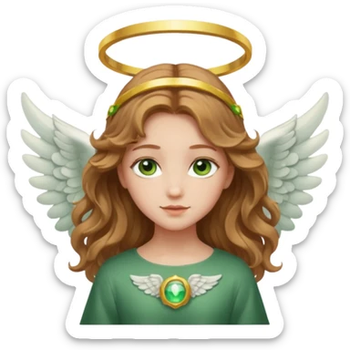 Angel girl with light brown wavy hair and green eyes and a halo and wings sticker