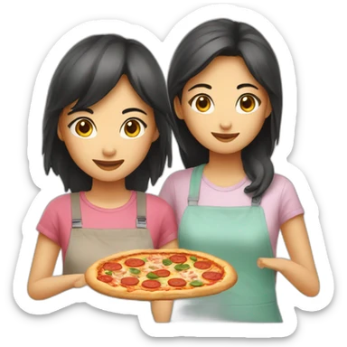 two asian girls makes pizza sticker