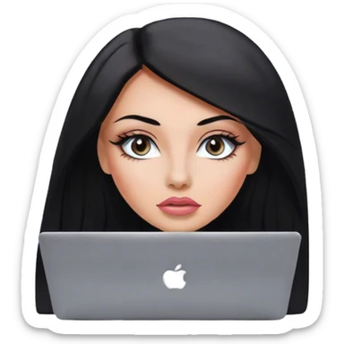 Glamours, tanned, very beautiful girl, with big pump peach-beige-rose lips, eyeliner, long long lashes, black straight smooth silky long hair, straight parting hair, blue-grey eyes with macbook sticker