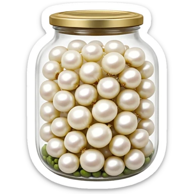 clear glass jar filled with small white pearl onions submerged in clear brine, rounded jar with metal lid, tightly packed contents visible through transparent sides, onions smooth glossy slightly translucent, no label no fork no garnish, closed jar, soft lighting, subtle shadows, emoji scale sticker