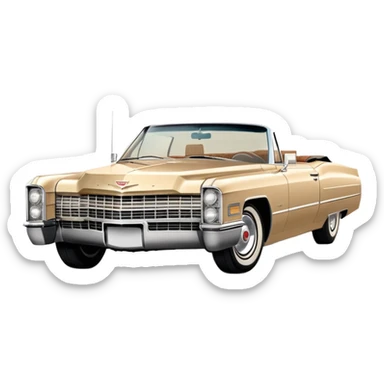 Iconic beige 1966 Cadillac DeVille with distinct front grille and headlights, precise three-quarter view at 30 degrees, authentic vintage luxury proportions, as seen in Once Upon a Hollywood, iOS emoji style sticker