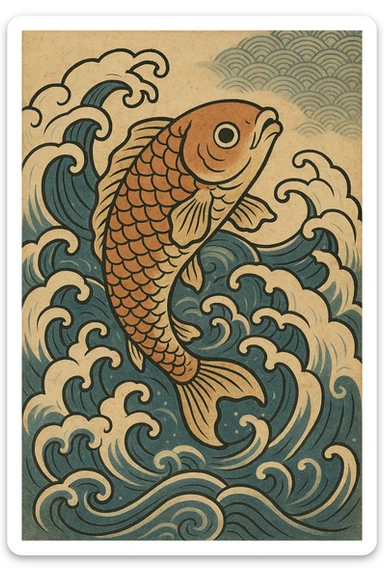 a koi fish swimming in a stylized wave, ukiyo-e style sticker