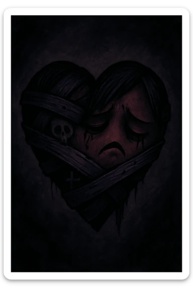 emo heart, bandaged with dark colors, subtle skull or cross motif, emotional expression sticker