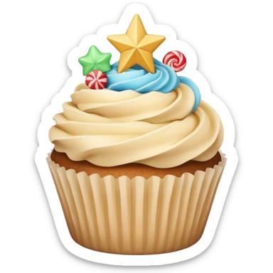 cupcake with beige frosting and a star-shaped candy sticker