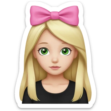 blonde girl middle part long hair , pink bow in hair, plain black top, green eyes. sticker