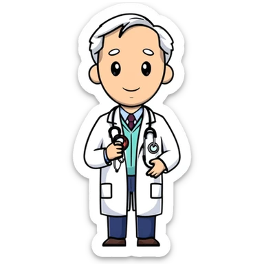 professional mature male doctor around 60 with stethoscope and white coat sticker